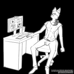 1:1 2021 absurd_res anthro artist_name balls_outline batmanholecover big_penis biped black_and_white black_background bottomwear camera canid canine canis chair clothed clothing computer computer_keyboard computer_monitor computer_mouse desk digital_drawing_(artwork) digital_media_(artwork) domestic_dog embarrassed erection erection_under_shirt felid feline female footwear furniture genital_outline genitals glans group hair hi_res huge_cock humanoid_genitalia humanoid_penis hyper hyper_genitalia hyper_penis lagomorph long_penis male mammal maned_wolf monitor monochrome nervous office_chair outline pants penis scott_(batmanholecover) shirt shoes simple_background sitting solo_focus swivel_chair t-shirt table topwear video_call video_camera