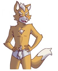 anthro black_eyes blonde_hair blush body_hair briefs briefs_only bulge canid canine chest_hair clothed clothing english_text fox fox_mccloud fur genital_outline hair hand_on_hip hi_res kayadult male mammal monotone_briefs monotone_clothing monotone_underwear nintendo open_mouth orange_body orange_fur penis_outline simple_background smile solo star_fox tan_body tan_fur teeth_showing text tighty_whities tongue_showing topless underwear underwear_only weeb white_background white_briefs white_clothing white_underwear