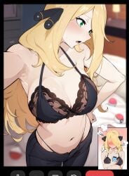 1girls ai_generated blonde_hair bra breasts cleavage cynthia_(pokemon) female green_eyes hair_over_one_eye hi_res hips huge_breasts kisou large_breasts light-skinned_female light_skin long_hair nintendo pokemon pokemon_dppt thick_thighs thighs wide_hips