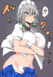 !? 1girls belly_button blue_eyes bow braid breast_focus breasts clothed crossed_arms grey_hair izayoi_sakuya large_breasts maid maid_headdress navel nipples_visible_through_clothing open_mouth panties pink_panties ribbon roki_(hirokix) sakuya_izayoi skirt skirt_down solo sweat touhou twin_braids unbuttoned unbuttoned_shirt underwear wrist_cuffs