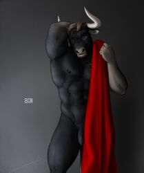 abs anthro bgn biceps black_body black_fur bovid bovine brown_hair cattle closed_eyes ear_piercing flaccid fur gauged_ear genitals hair hand_behind_head hi_res horn male mammal muscular muscular_anthro muscular_male nipples nude pecs penis piercing sebastian_(bgn) simple_background solo tattoo