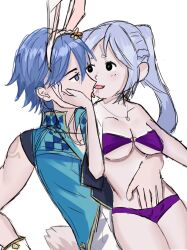 1boy 1girls after_kiss aikertoba alternate_costume bikini black_eyes blue_eyes blue_hair breasts bunny_boy bunny_ears bunnysuit chrom_(fire_emblem) chrom_(spring)_(fire_emblem) female fire_emblem fire_emblem_awakening fire_emblem_heroes grey_hair imminent_fingering imminent_sex imminent_vaginal kissing long_hair looking_at_another male medium_breasts nintendo o-ring o-ring_bikini official_alternate_costume purple_bikini purple_swimsuit robin_(female)_(summer)_(fire_emblem) robin_(fire_emblem) robin_(fire_emblem)_(female) saliva saliva_string short_hair swimsuit tongue tongue_out twintails underboob