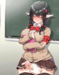 1futa absolute_territory balls becoming_erect big_breasts big_penis black_hair blush bottomless box20502017 breasts clothed clothing dialogue disembodied_hand disembodied_tongue elf erection futa_only futanari hair_over_eyes handjob humanoid humanoid_penis licking_penis light-skinned_futanari light_skin long_hair lowres miniskirt mostly_clothed penis penis_out pointy_ears school_uniform shy skirt solo standing text thighhighs tongue uncensored