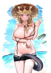 animal_ear_fluff animal_ears aqua_nails arknights arm_under_breasts beach bikini bikini_pull black_bikini black_shorts blonde_hair blue_sky braid breast_hold breast_lift breasts brown_bikini closed_mouth clothes_pull day eyewear_on_head female grey_tail hair_ornament hair_over_shoulder hairclip hat jewelry korean_commentary large_breasts looking_at_viewer navel_piercing necklace nervous_smile oerba_yun_fang official_alternate_costume outdoors piercing purple_eyes purple_glasses round_eyewear sangobob_(artist) short_shorts shorts shorts_pull skin_fang skindentation sky slit_pupils smile snake_tail solo standing stomach strap_lift straw_hat string_bikini striped striped_bikini sun_hat sunglasses sweat swimsuit tail tail_censor tinted_eyewear transparent_background utage_(arknights) utage_(summer_flowers)_(arknights) vertical-striped_bikini vertical_stripes x_hair_ornament