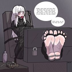 ball_gag barefoot bondage bondage_chair bondage_furniture bound_toes captured collar feet female femsub fire_emblem fire_emblem:_three_houses foot_focus gag gagged helpless ijwt_art imminent_tickling lysithea_von_ordelia soles stocks strapped_down toe_bondage toe_restraints toe_ring toes_tied white_hair wrapped