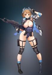 absurdres bad_id bad_pixiv_id belt belt_pouch black_footwear black_gloves blue_one-piece_swimsuit blue_socks boots breasts brown_eyes brown_hair brownie_(last_origin) chest_strap contrapposto cross-laced_footwear elbow_pads female fingerless_gloves full_body gloves glowing grey_background gun halterneck head-mounted_display highleg highleg_swimsuit highres holding holding_weapon holster jacket knee_pads lace-up_boots large_breasts last_origin nipples one-piece_swimsuit open_clothes open_jacket open_mouth pouch rifle sangobob_(artist) short_hair socks solo standing sweat swimsuit thigh_holster thigh_strap third-party_edit torn_clothes torn_gloves torn_jacket torn_swimsuit utility_belt weapon