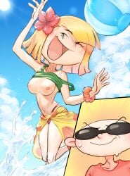 1boy 1girls beach beach_ball blonde_hair breasts cartoon_network codename:_kids_next_door female flower_in_hair kaze_fukeba_nanashi nigel_uno nipples numbuh_1 numbuh_362 open_mouth rachel_mckenzie short_hair small_breasts smile sunglasses swimsuit