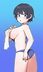 absurdres ass bikini black_hair blue_background blue_bikini blue_eyes blush breasts character_request copyright_request covering covering_breasts female from_behind gradient_background highres holding holding_towel large_breasts looking_at_viewer looking_back open_mouth sangobob short_hair solo sweat swimsuit topless towel