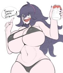 @_@ antenna_hair big_breasts bikini black_bikini breasts catered3214 color colored edit english_text female female_only grey_impact hairband hex_maniac huge_breasts human jar large_breasts long_hair midriff milk pokemon purple_eyes purple_hair sketch speech_bubble spiral_eyes text thick_thighs white_background