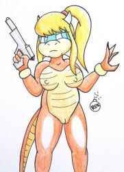 1girls anthro blonde_hair blue_eyes breasts crossover female female_only horns koopa mario_(series) metroid nipples nude nude_female ponytail pussy reddragonkan samus_aran simple_background solo standing tail tied_hair white_background