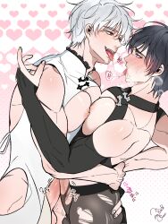 2boys alternate_costume b_s_0424 bishonen black_hair black_hair_bottom blush boob_window bridal_gauntlets chinese_clothes domination embrace erection eye_contact frottage gay gintama gintoki_sakata hijikata_toshiro light_hair_on_dark_hair looking_at_another male male_only muscular muscular_male open_mouth pantyhose pec_squish pecs penis penis_out saliva_trail smile tongue_out torn_pantyhose uncensored white_hair white_hair_on_black_hair white_hair_top yaoi