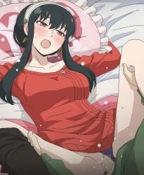 1boy bed_sheet black_hair blue_panties blush censored clothed_sex clothing_aside commentary_request earrings female jewelry loid_forger long_hair long_sleeves lying mosaic_censoring on_back open_mouth panties panties_aside penis pillow pussy red_eyes red_sweater revision sex solo_focus spy_x_family sweater tomu_(tomubobu) underwear vaginal_penetration yor_briar