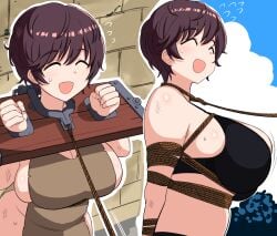 1girls bdsm bondage bound breasts brown_hair closed_eyes femsub happy happy_sub idolmaster idolmaster_cinderella_girls large_breasts leash oikawa_shizuku open_mouth pillory rebake rebake-1453 restrained short_hair slave smile solo_female submissive_female