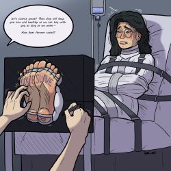 1girls barefoot black_hair blush bodywriting bondage clenched_teeth crying crying_with_eyes_open drugged drugs feet foot_fetish foot_focus glasses ijwt_art intravenous_drip iv_bag original_character soles stocks straitjacket strapped_down tears tickle_torture tickling tickling_feet toes_tied writing_on_feet