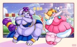 2girls anthro anthrofied bbw blonde_hair breasts clothing crossover drokmars earrings elephant elephant_ears elephant_fruit elephant_peach elephantid fat fat_belly fat_breasts fat_butt fat_thighs female female_only full_body grey_skin harem_outfit hip_bump looking_at_another mario_(series) multiple_girls nintendo outdoors pink_dress pink_skin princess_peach purple_hair shantae shantae_(character) standing super_mario_bros._wonder surprised transformation trunk_(anatomy) two_girls