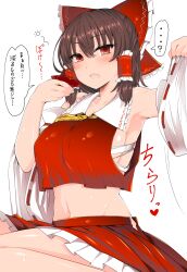 1girls alcohol armpits arms_up bandage belly_button blush breasts brown_hair collarbone hair_tubes hakurei_reimu japanese_text large_breasts navel nipples_visible_through_clothing red_eyes reimu_hakurei ribbon roki_(hirokix) sake sake_dish sideboob solo sweat thighs touhou translation_request