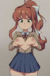 ai_generated blazer bow_in_hair breasts_exposed breasts_out coral_brown_hair doki_doki_literature_club emerald_eyes female holding_own_breasts monika_(doki_doki_literature_club) nipples pixai red_ribbon ribbon skirt solo teen_girl teenage_areola teenage_girl teenage_nipples teenage_tits unbuttoned unbuttoned_shirt white_bow white_thighhighs