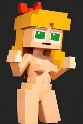 3d accurate_art_style ai_generated bangs belly_button blocky_body bow_in_hair breasts elizabeth_afton female female_focus five_nights_at_freddy's five_nights_at_freddy's:_sister_location ginger ginger_hair green_eyes naked nude orange_hair pixai red_bow simple_background sister_location