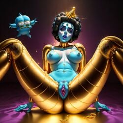 3d ai_generated blue_body blue_skin breasts cyborg elizabeth_taylor female gold legwear long_sleeves pussy unstable_diffusion