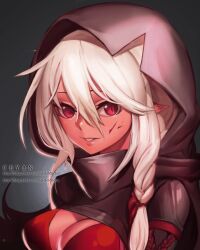 assassin blood blood_on_face bodysuit braid breasts cleavage cloak dungeon_and_fighter female hood hooded_cloak leather pointy_ears red_eyes shadow_dancer_(dungeon_and_fighter) shiny_clothes smile thief_(dungeon_and_fighter) twin_braids white_hair