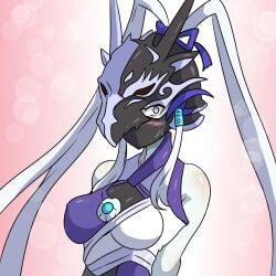 blue_eyes blush bodysuit breasts duel_monster helmet helmet_over_eyes long_hair looking_at_viewer mask mouth_mask swordsoul_of_mo_ye tama-mate twintails very_long_hair yu-gi-oh!