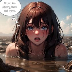 ai_generated blue_eyes blush brown_hair brunette_hair crying crying_with_eyes_open dazer death english_text female implied_nudity mud nude original peril sad scared sinking speech_bubble tagme tears trapped