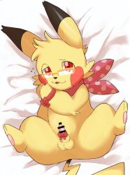 absurd_res bedding bedding_background bedroom_eyes bound eyewear feral fur generation_1_pokemon glasses hi_res male narrowed_eyes nervous nintendo oumi pawpads pikachu pokemon pokemon_(species) pokemon_mystery_dungeon ribbons seductive sleazy_(sleazypikachu) smile solo yellow_body yellow_fur