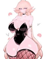 1girls blonde_hair blue_eyes blush breasts choker cleavage crown earrings elbow_gloves female female_only fishnet_stockings fishnets heart large_breasts leotard lipstick mario_(series) nintendo peach_(fruit) princess_peach smile thick_thighs thighs usa37107692 very_long_hair