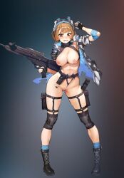 absurdres bad_id bad_pixiv_id belt belt_pouch black_footwear black_gloves blue_one-piece_swimsuit blue_socks boots breasts brown_eyes brown_hair brownie_(last_origin) chest_strap contrapposto elbow_pads female fingerless_gloves full_body gloves glowing grey_background gun halterneck head-mounted_display highleg highleg_swimsuit highres holding holding_weapon holster jacket knee_pads large_breasts last_origin navel nipples one-piece_swimsuit open_clothes open_jacket open_mouth pouch pussy pussy_juice rifle sangobob short_hair socks solo standing sweat swimsuit thigh_holster thigh_strap third-party_edit torn_clothes torn_gloves torn_jacket torn_swimsuit utility_belt weapon