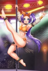 blue_eyes blue_hair orange_bow pole pole_dancing spiral_clicker