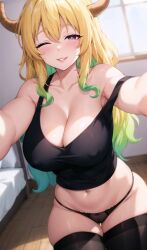 1girls ai_generated blonde_hair breasts cleavage dragon_girl dragon_horns female hi_res horns huge_breasts large_breasts light-skinned_female light_skin long_hair miss_kobayashi's_dragon_maid naughty_face quetzalcoatl_(dragon_maid) smile stable_diffusion stuffyai tank_top