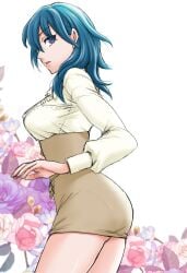 1girls ass bare_thighs big_ass blue_eyes breasts byleth_(fire_emblem) byleth_(fire_emblem)_(female) female female_only fire_emblem fire_emblem:_three_houses flower garreg_mach_monastery_uniform looking_back medium_breasts medium_hair nintendo panties pantylines rinnoasan solo teal_hair thighs umehime underwear