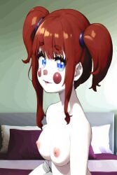 ai_generated animatronic baby_(fnafsl) bedroom blue_eyes breasts circus_baby circus_baby_(fnaf) clown_girl eyelashes five_nights_at_freddy's five_nights_at_freddy's:_sister_location glowing_blue_eyes looking_at_viewer naked nipples nude pixai red_cheeks red_hair red_lips red_lipstick red_nose robot robot_girl sister_location sitting_on_bed twintails ultimate_custom_night upper_body