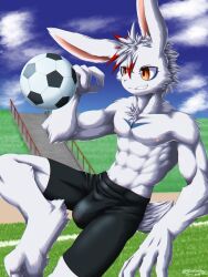 abs absurd_res akino-kamihara anthro athletic athletic_male ball bulge clothing detailed_bulge grass handwear hi_res lagomorph leporid male mammal nipples outside plant rabbit shirtless signature sky soccer_ball solo stairs teenager tomoshibi_shirohane_(akino-kamihara) underwear watermark young