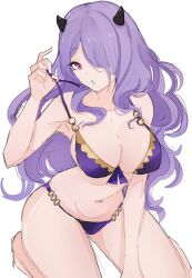 1girls alternate_costume ass_visible_through_thighs bare_shoulders bikini breasts camilla_(fire_emblem) camilla_(summer)_(fire_emblem) cleavage covered_nipples female female_only fire_emblem fire_emblem_fates fire_emblem_heroes hair_over_one_eye highres kneeling large_breasts long_hair looking_at_viewer nintendo off_shoulder official_alternate_costume open_mouth pink_eyes purple_bikini purple_hair purple_swimsuit serafineart1001 sideboob solo swimsuit undressing very_long_hair