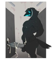 alphi_(nightbirby) anthro ass avian balls bathroom beak big_penis bird black_body bodily_fluids corvid corvus_(genus) crow cum cum_drip cum_on_body cum_on_butt cum_on_chest cum_on_ground cum_on_penis digital_media_(artwork) dripping duo ejaculation erection feathers foreskin fur genital_fluids genitals glory_hole hair hi_res humanoid humanoid_genitalia humanoid_penis hybrid inkgoat machine male male/male mammal muscular muscular_anthro muscular_male nipples nude oscine passerine pecs penile penis protogen screen screen_face simple_background tail