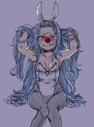 alternate_costume blue_eyes blue_hair blush buggy_the_clown bunny_ears bunnysuit clown_girl clown_nose female female_only genderswap_(mtf) grin long_hair looking_at_viewer nervous one_piece pantyhose rule_63 shortstack sitting small_breasts smile solo sweatdrop u_unu_u very_long_hair