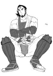 balls bara beard black_hair bulge crossed_arms facial_hair fully_clothed fundoshi male male_only miyabi13783794 monochrome muscles muscular penis sandayu_(tokyo_afterschool_summoners) sitting solo solo_male tokyo_afterschool_summoners