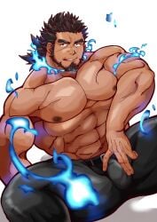 artist_request balls bara beard black_hair bulge facial_hair fire male male_only muscles muscular penis sandayu_(tokyo_afterschool_summoners) shirtless sitting solo solo_male spread_legs tokyo_afterschool_summoners