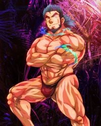 balls bara beard black_hair bulge crossed_arms facial_hair fire fundoshi fundoshi_only hunmut male male_only muscles muscular penis sandayu_(tokyo_afterschool_summoners) solo solo_male tokyo_afterschool_summoners