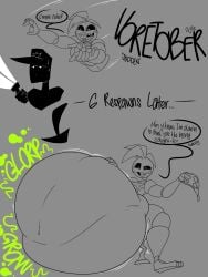 1boy 1girls animatronic beakless big_belly chicken female five_nights_at_freddy's grayscale greyscale kinksty male nightguard robot same_size_vore sudden toy_chica_(fnaf) vore vore_belly voretober