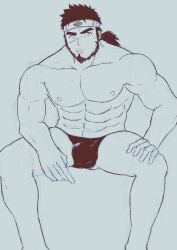 balls bara beard black_hair bulge facial_hair male male_only monochrome muscles muscular penis sandayu_(tokyo_afterschool_summoners) sitting solo solo_male tatatan_(ts_kon2) tokyo_afterschool_summoners