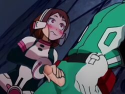 1boy 1girls animated biting_lip blush blushing clothed clothing cum cum_drip cumdrip cumshot edit fully_clothed funny gif handjob hero_outfit_(mha) izuku_midoriya midoriya_izuku my_hero_academia no_penetration no_sex ochako_uraraka open_mouth penis penis_out self_upload shorter_than_30_seconds sound video ysae