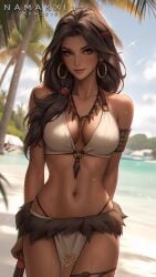 1girls ai_generated beach bikini black_hair black_hair_female brown_eyes brown_eyes_female dark-skinned_female dark_skin ear_piercing ear_rings earrings female high_resolution highres league_of_legends more_at_source namakxin nidalee riot_games solo solo_female solo_focus tanned tanned_female white_bikini white_bikini_top