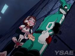 animated biting_lip blush blushing clothed clothing edit fully_clothed funny gif handjob hero_outfit_(mha) izuku_midoriya midoriya_izuku my_hero_academia no_penetration no_sex ochako_uraraka open_mouth penis penis_out self_upload ysae