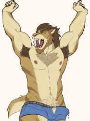 2023 abs anthro armpit_hair beard biceps blue_clothing blue_underwear bodily_fluids body_hair boxer_briefs boxer_briefs_only bulge catty_menace chest_hair closed_eyes clothed clothing dripping erection erection_under_clothing facial_hair fangs fist fur genital_fluids genital_outline genitals hi_res hybrid hyena male mammal manly multicolored_body multicolored_fur muscular navel nipples open_mouth pecs penis penis_outline precum precum_drip pubes sabertooth_(anatomy) simple_background solo stretching suid suina sus_(pig) teeth topless triceps two_tone_body two_tone_fur underwear underwear_only usurpthem vein veiny_penis waking_up white_background wild_boar yawn