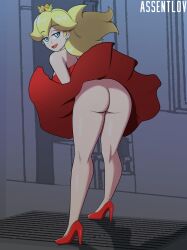 ass ass_focus assentlov blonde blonde_hair blue_eyes butt dress female female_only heels mario_(series) nintendo no_panties princess_peach red_dress skirt skirt_lift solo tagme windy windy_skirt