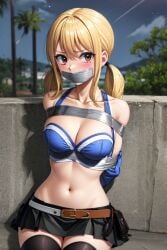 ai_generated blonde_hair blush breasts brown_eyes clothing double_ponytail fairy_tail hands_behind_back kidnapped lucy_heartfilia mouth_gag skirt taped_mouth