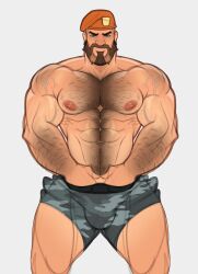 1boy 2023 bara bara_tits barazoku beard brimstone_(valorant) bulge clothing daddy dilf facial_hair flaccid gay hairy hairy_arms hairy_chest hi_res highres looking_at_viewer male male_focus male_nipples male_only male_pubic_hair manly moustache muscular_male nipples riot_games skayous solo solo_male valorant yaoi