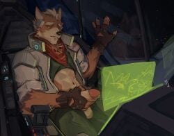 absurd_res anthro balls bottomwear canid canine clothing cockpit fingers fox fox_mccloud fur genitals green_eyes hi_res holding_penis humanoid_genitalia humanoid_penis male mammal masturbation nintendo pants penis sitting solo star_fox tan_body tan_fur topwear vinstacc